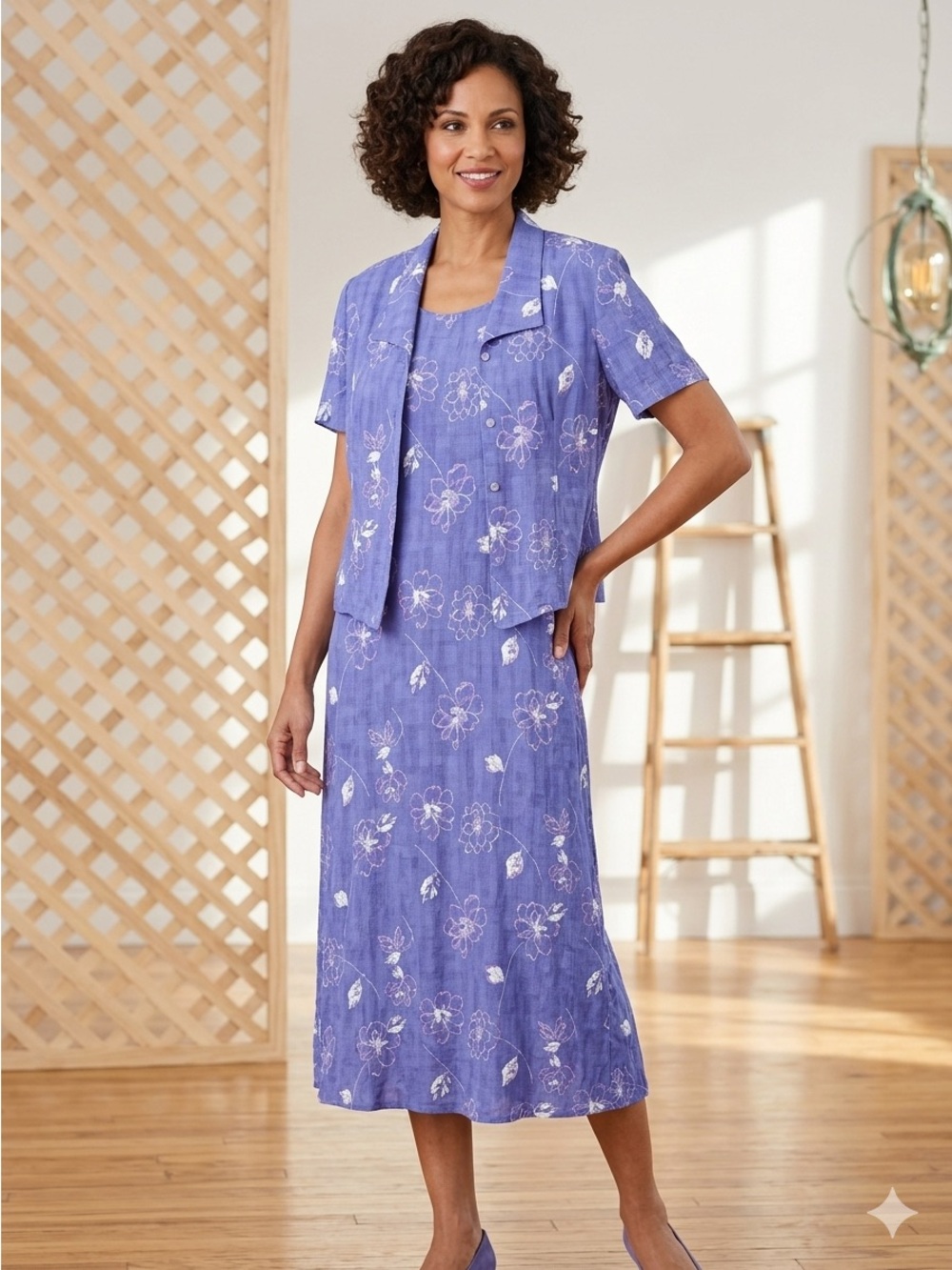 K- Studio Check Measure Blue White Purple Floral Dress and Jacket Set M